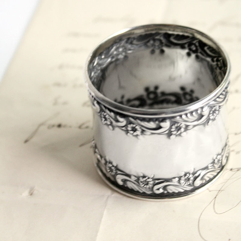 Antique Sterling Repousse Floral Napkin Ring Monogram J C H