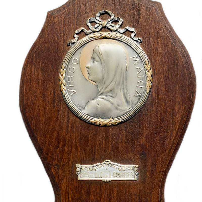 Wall-mounted French devotional font from Notre Dame de Lourdes, Paris souvenir with gilt and silver details