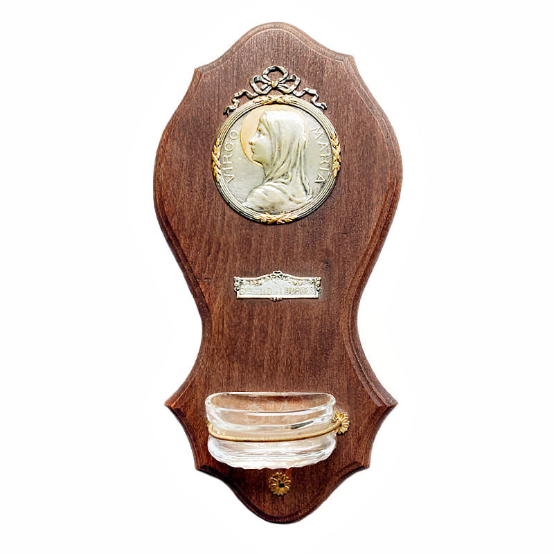 Antique French Holy Water Font Benitier with Our Lady of Lourdes, silvered and gilt, early 1900s, crystal font