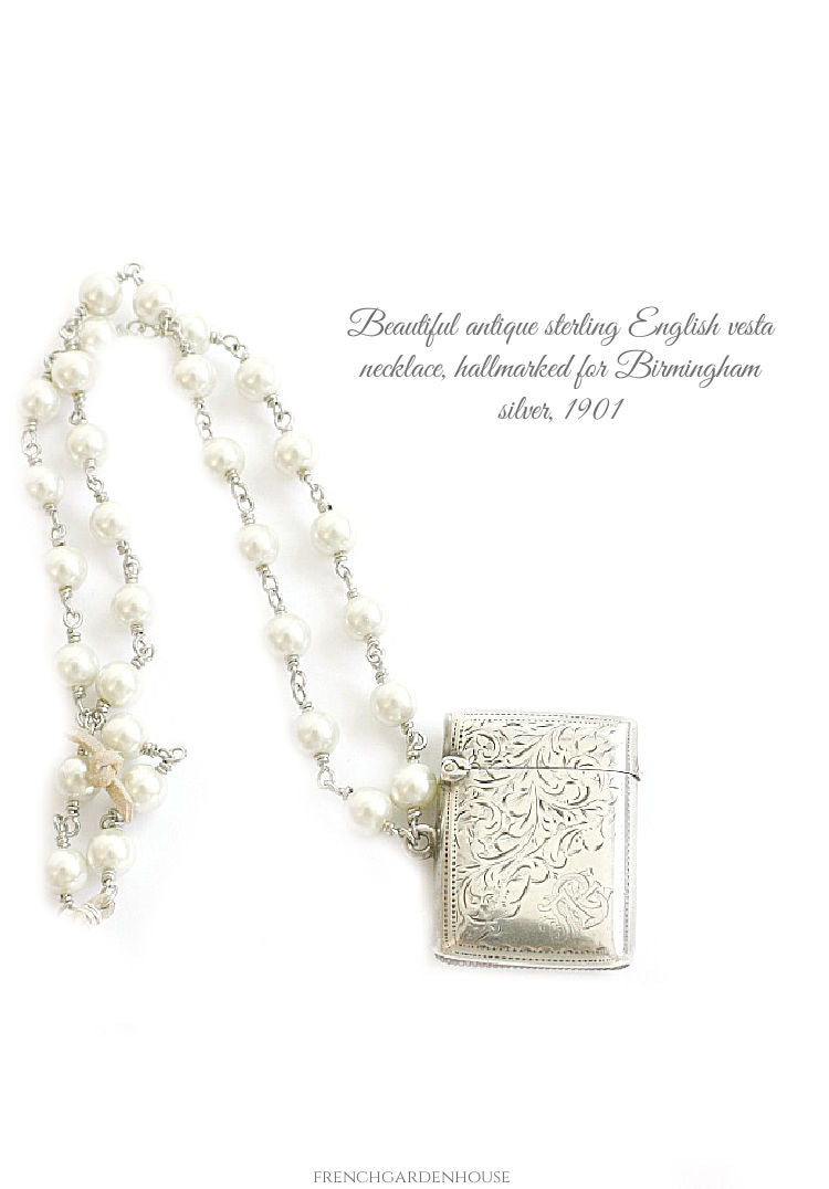 Antique sterling silver English vesta necklace with engraved match safe and pearl chain. A rare heirloom piece of antique jewelry.