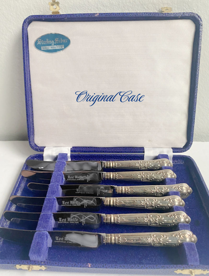 English Sterling Silver Tea Dessert Knife Set Boxed