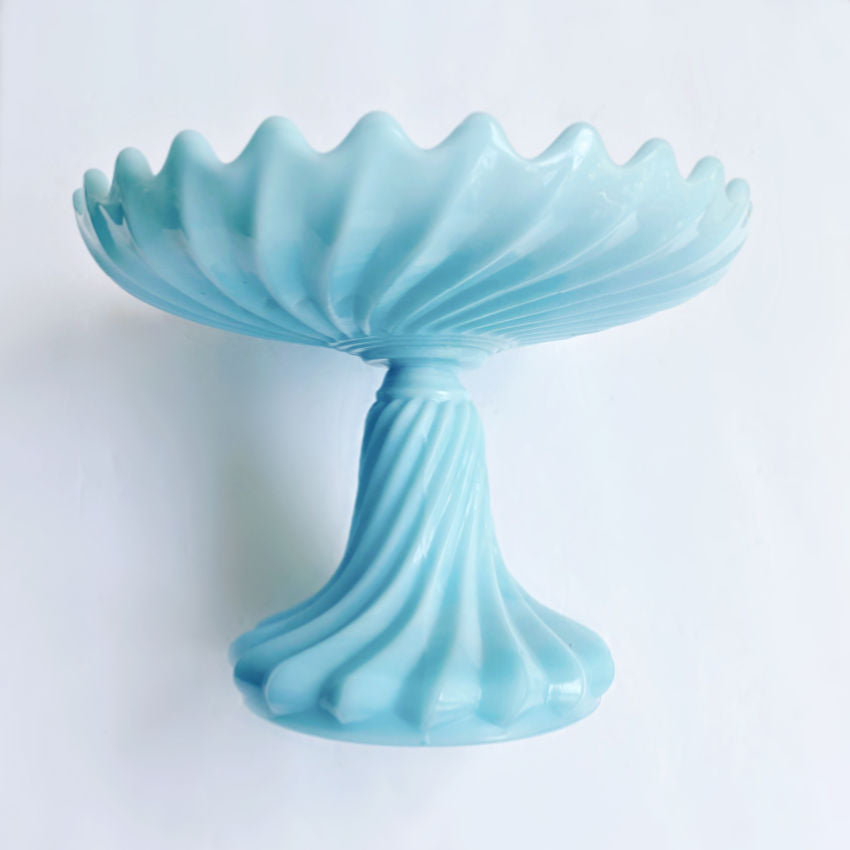 Antique French Turquoise Blue Opaline Swirled Cake Pedestal