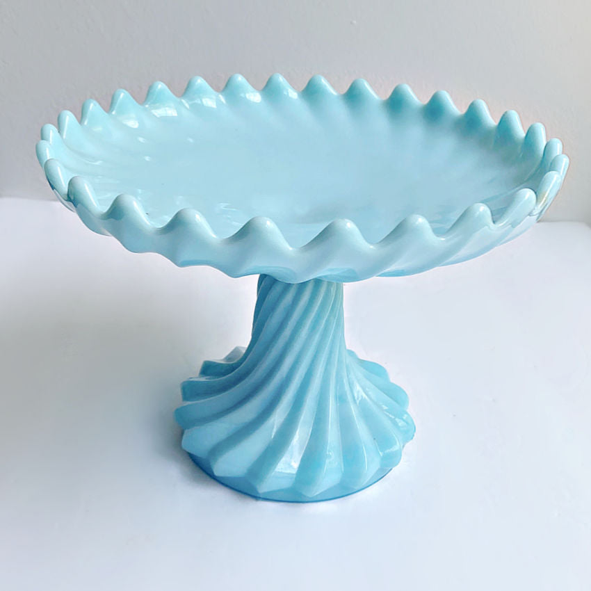 Antique French Turquoise Blue Opaline Swirled Cake Pedestal