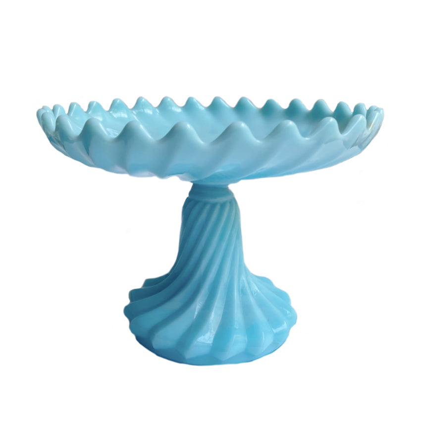 A French antique turquoise blue opaline swirled cake pedestal with scalloped top, displayed with an assortment of berries on top.