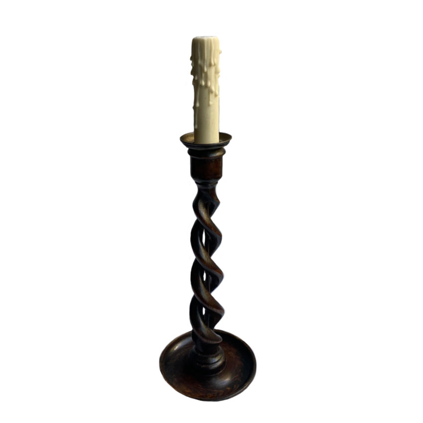 Antique English Oak Open Barley Twist Candlestick Lamp