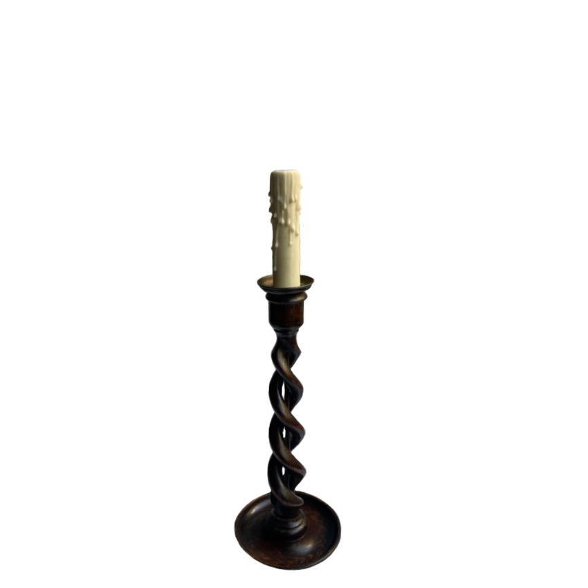 Antique English Oak Open Barley Twist Candlestick Lamp