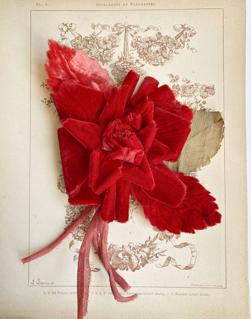 Antique millinery red silk velvet rose with richly sculpted petals. A couture velvet flower once adorning a fine hat or gown, romantic and beautifully preserved.