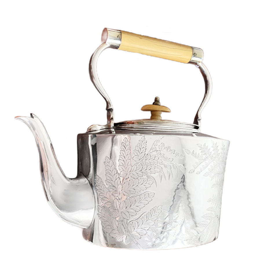 19th Century Silver Plated Victorian Ferns Tea Kettle on Stand