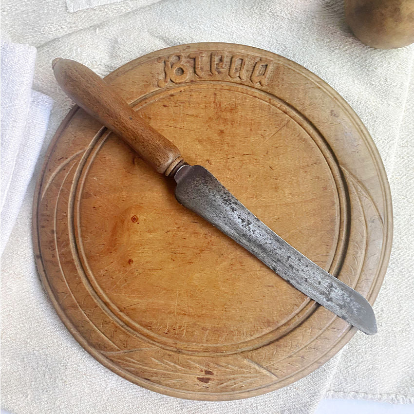 Antique Carved Round Bread Board and Knife Wheat Design