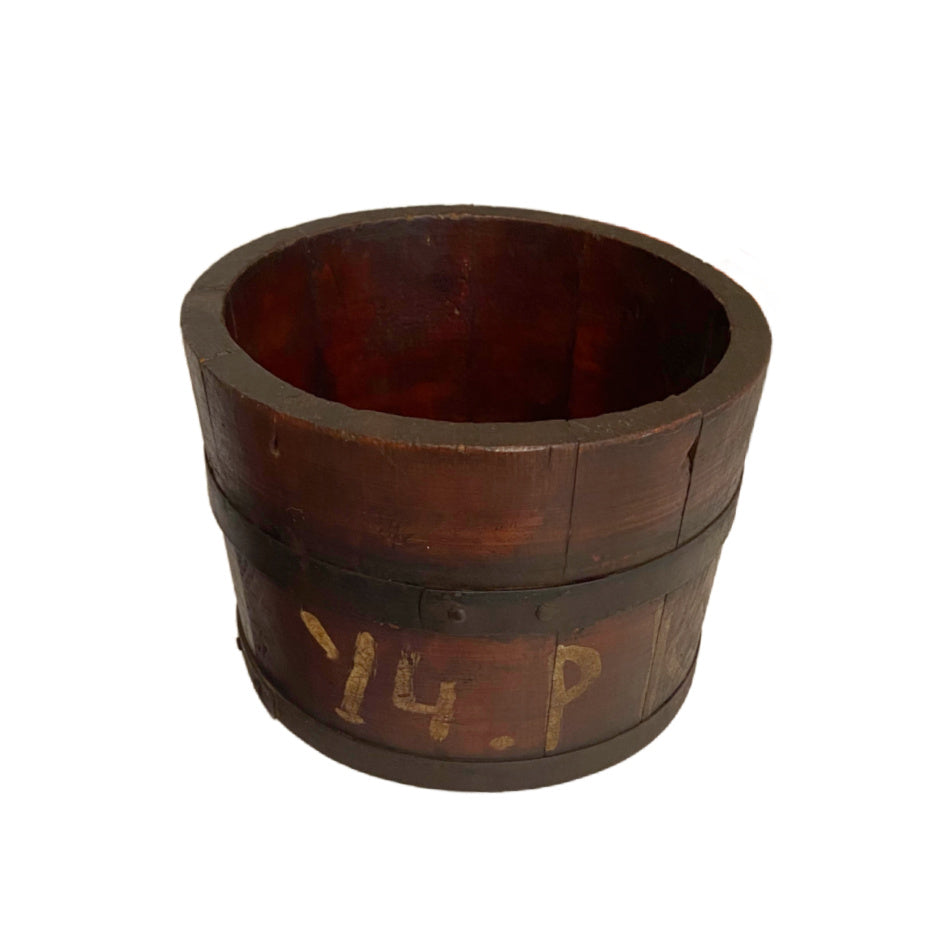 Antique metal-bound oak bucket with rich dark brown patina. Solid oak with iron bands, perfect for rustic decor, floral styling, or display.