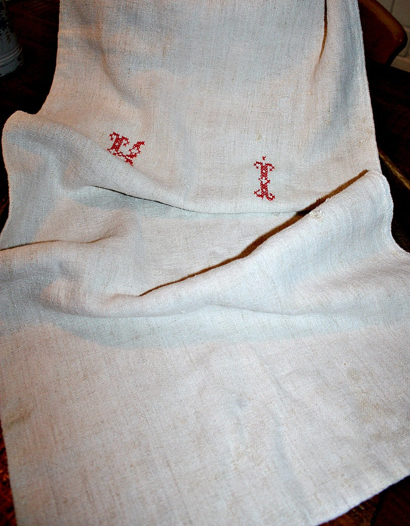 Antique French Hand Woven Linen Grain Sack Monogram K I