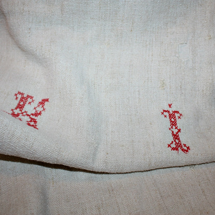 Antique French Hand Woven Linen Grain Sack Monogram K I