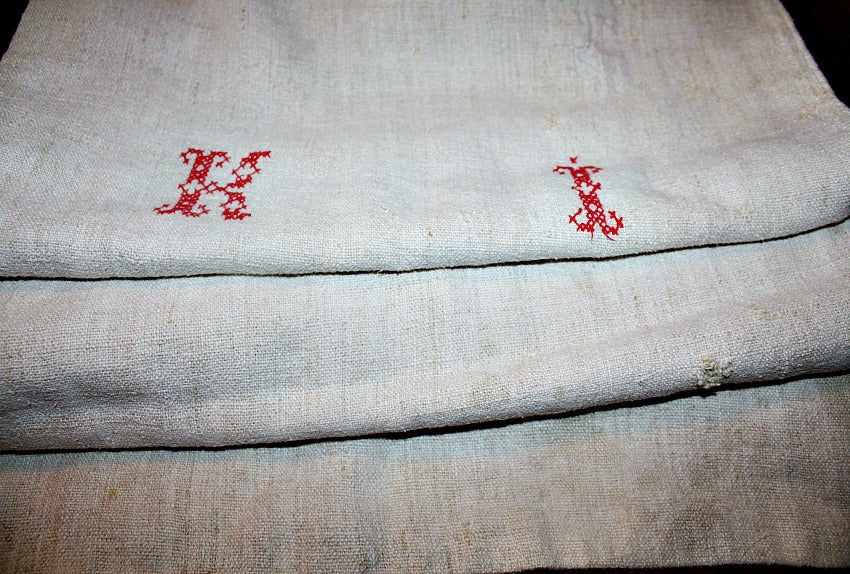 Antique French Hand Woven Linen Grain Sack Monogram K I