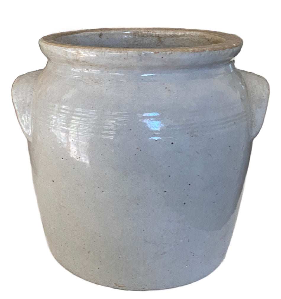 Antique French Provincial Glazed Earthenware Crock with Scalloped Handles