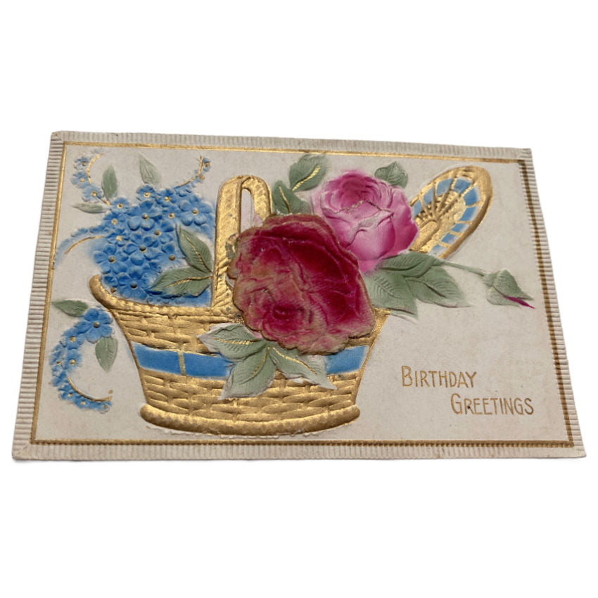 Antique Velvet Rose Postcard with Gilt Basket