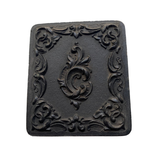 Antique Littlefield Rococo Scroll Union Case, Civil War era thermoplastic photographic case measuring 2-1/2" x 3", empty with original glass and one broken hinge.