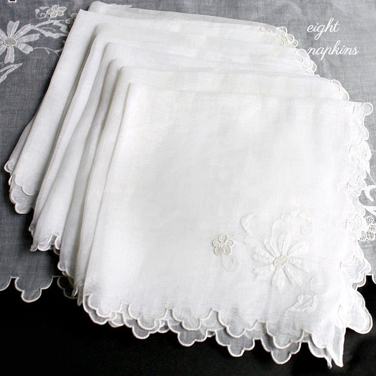 Elegant vintage Madeira napkin set with hand stitched floral embroidery