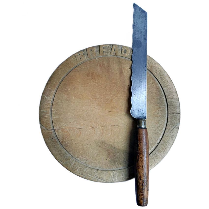 Decorative Antique Pine Wood Bread Plate & Knife