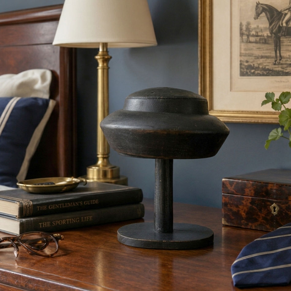 French 19th-century wooden millinery hat block stand with dark aged patina displayed in a gentleman's bedroom snight stand 