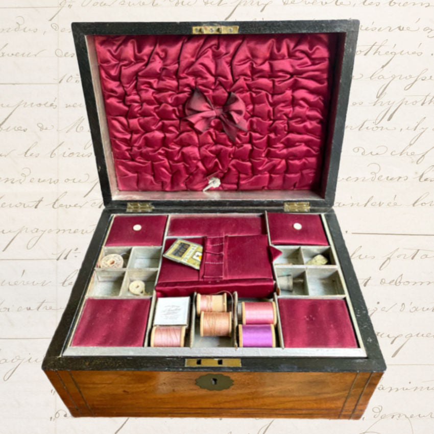 Antique 19th Century Inlaid Sewing Box | Victorian Silk Lined Box with Original Contents | Palais Royale Collector Piece