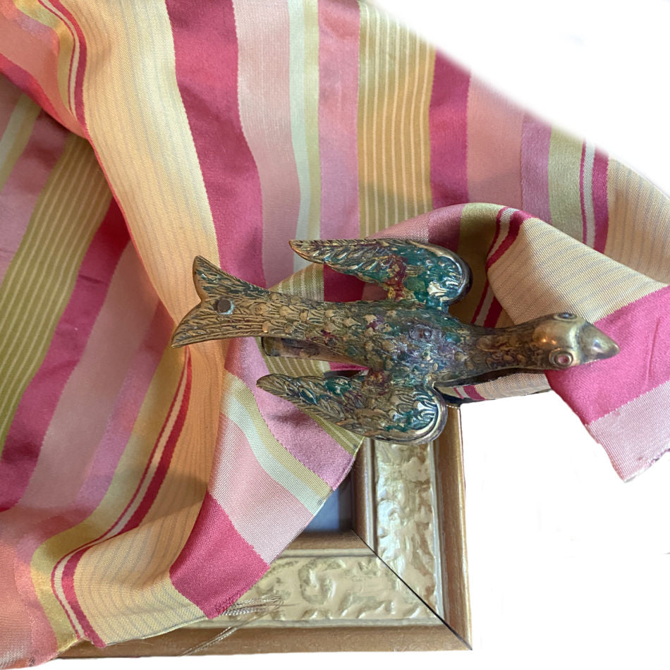 Antique Victorian brass sewing bird with hand-painted floral decoration and steel clamp with silk fabric