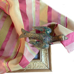 Antique Victorian brass sewing bird with hand-painted floral decoration and steel clamp with silk fabric