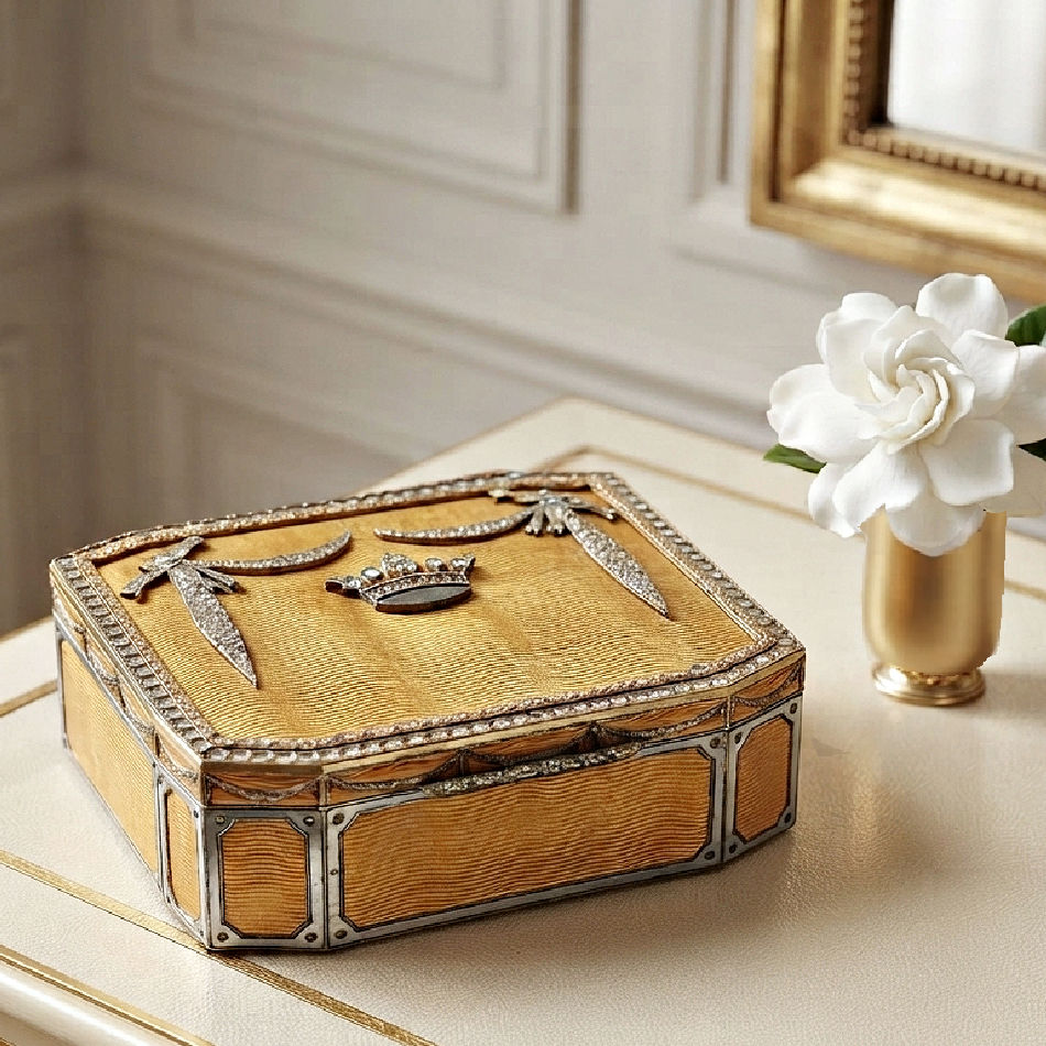 antiuqe French 19th century old and paste stones box on a french dressing table with a gold vase and camelia