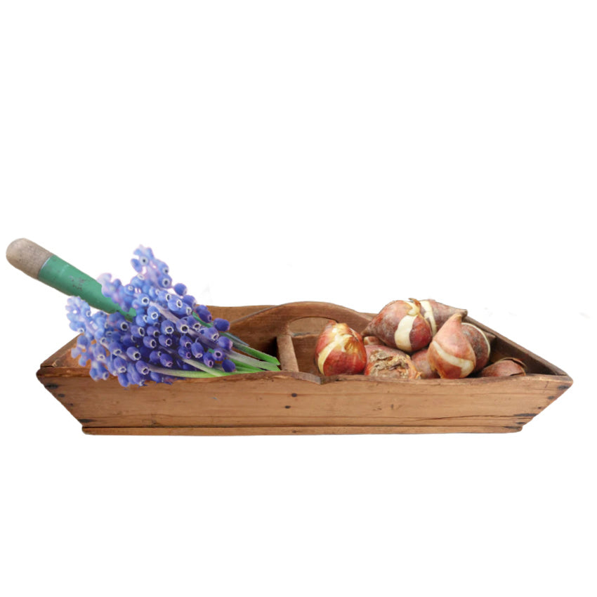 antique hand made lady's work tote filled with hyacinths, a trowel and spring bulbs