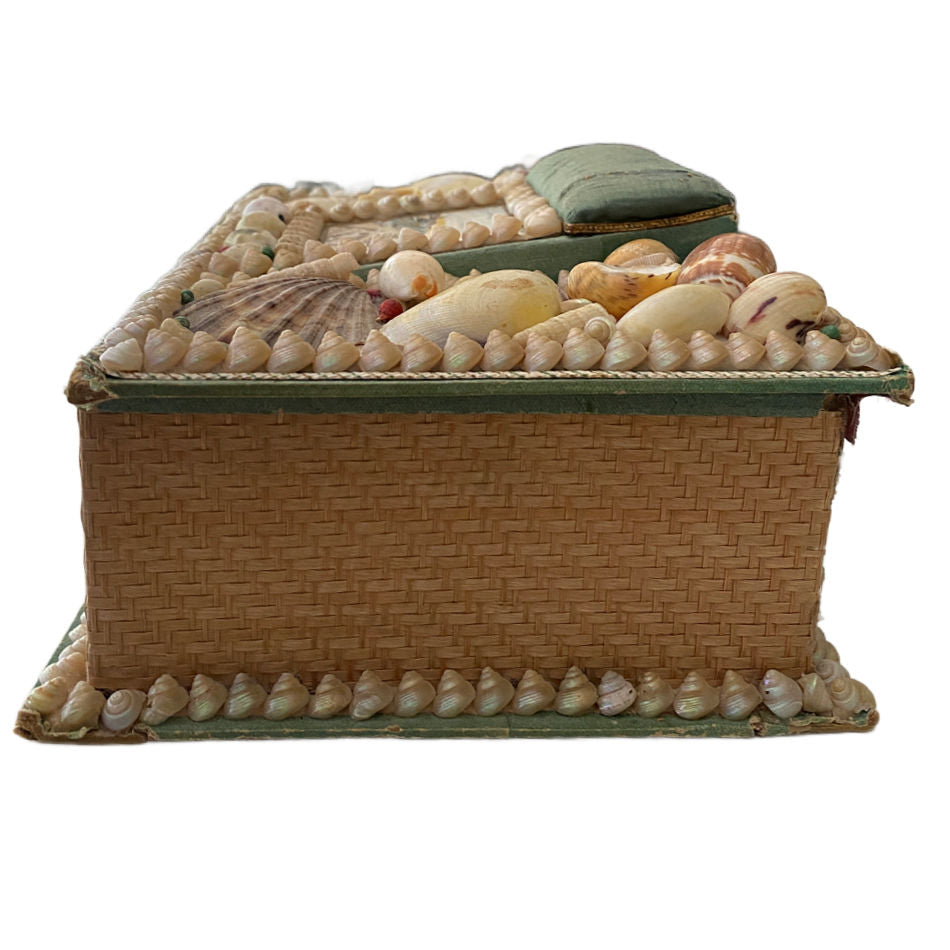 Antique English shellwork sewing box with green silk pincushion side slanted