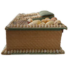 Antique English shellwork sewing box with green silk pincushion side slanted