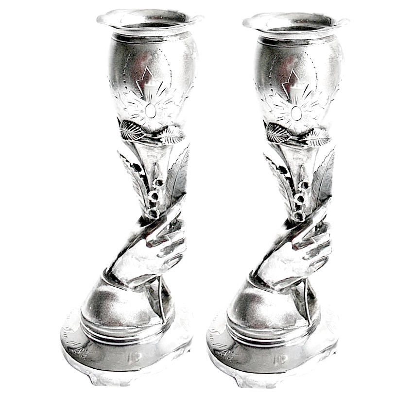 Rare pair of antique silver-plated hand vases inscribed “Our Pastor,” dated January 1st, 1875. Lily of the valley presentation pieces.