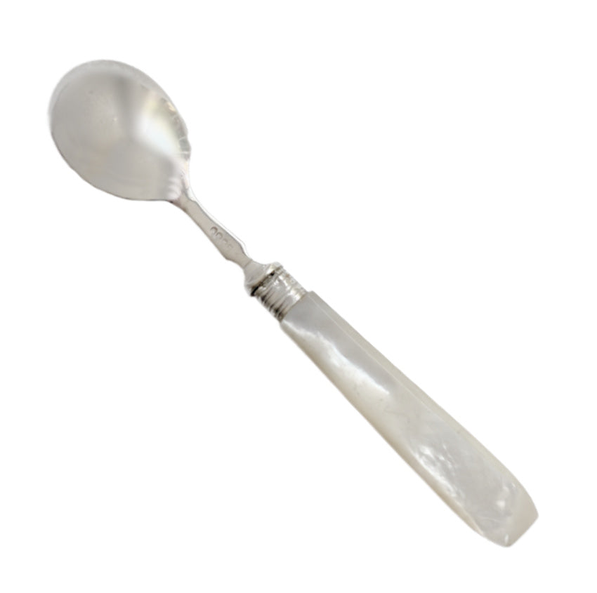 Antique Mother of Pearl and Silverplate Preserve Spoon on antique English transferware plate