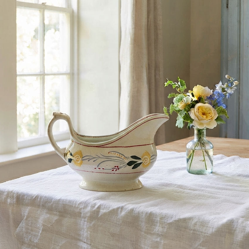 Antique Staffordshire sauceboat with hand-painted yellow roses on table with yellow roses