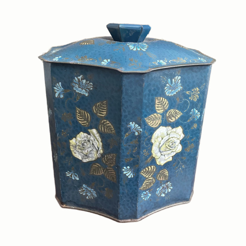 Vintage Blue Rose Candy Container Tin