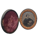 Antique oval Union Case featuring Girls Catching Butterflies motif, Civil War era thermoplastic photo case with interior damage as shown. 19th-century collectible.