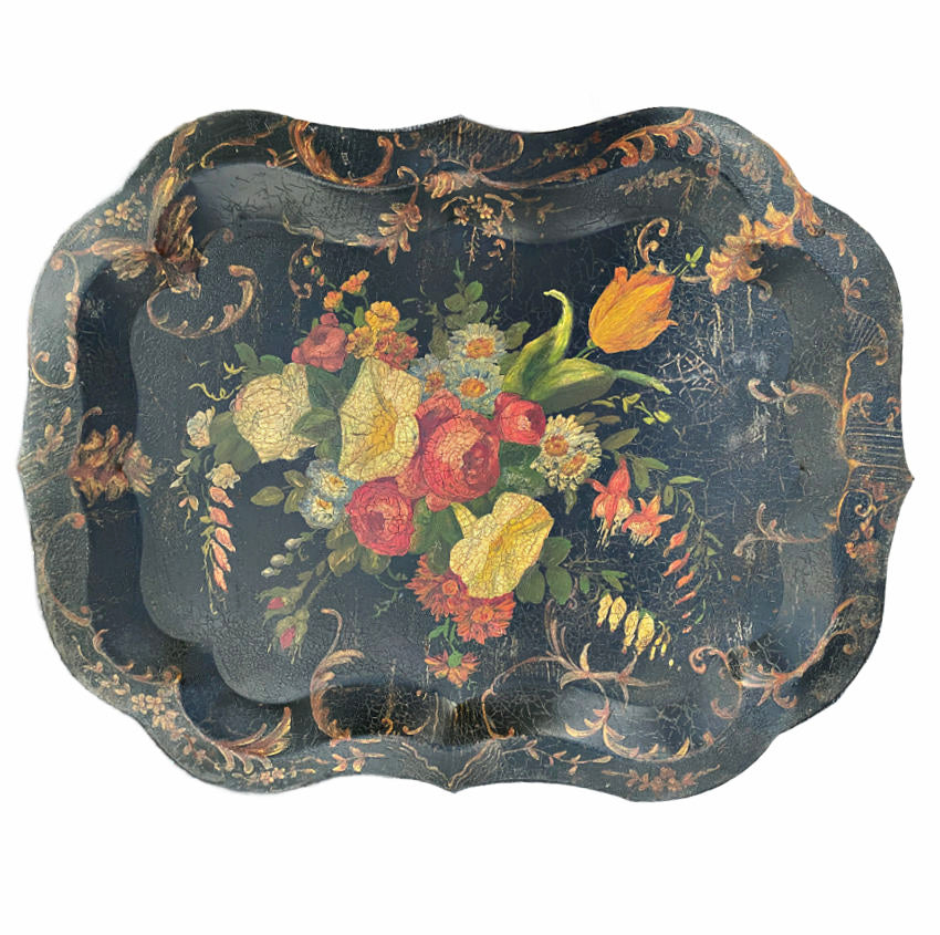Extra-large antique tole tray with stunning hand-painted florals, vibrant and decorative, 19th-century collectible, perfect for display or serving.