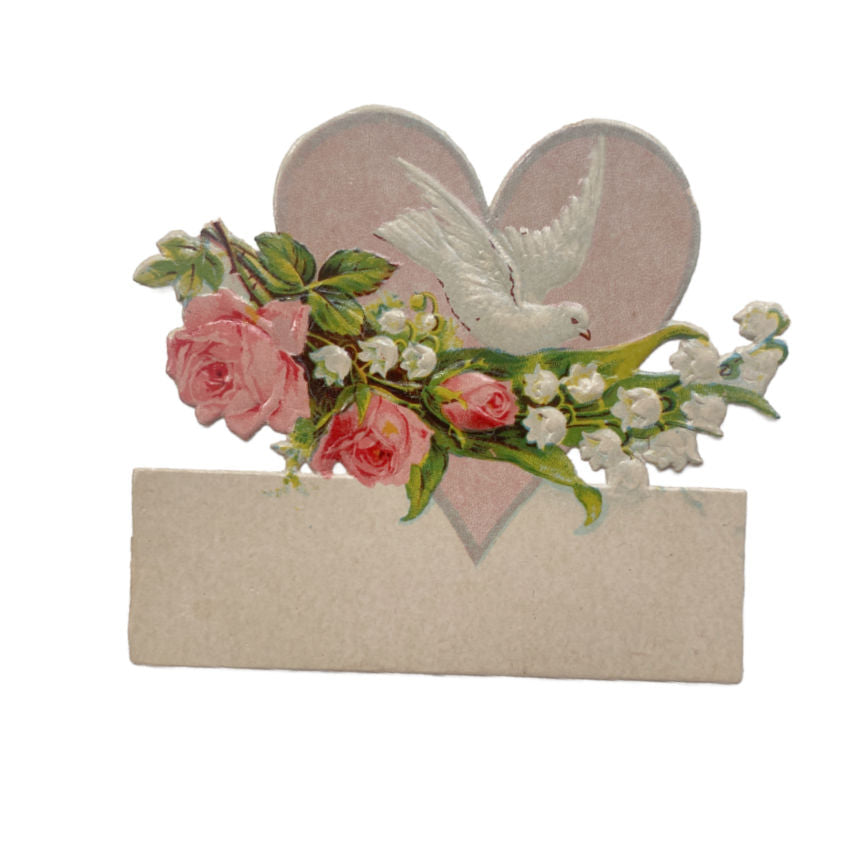 Vintage Pink Heart, Dove and Lilly of the Valley Name Card Die Cut
