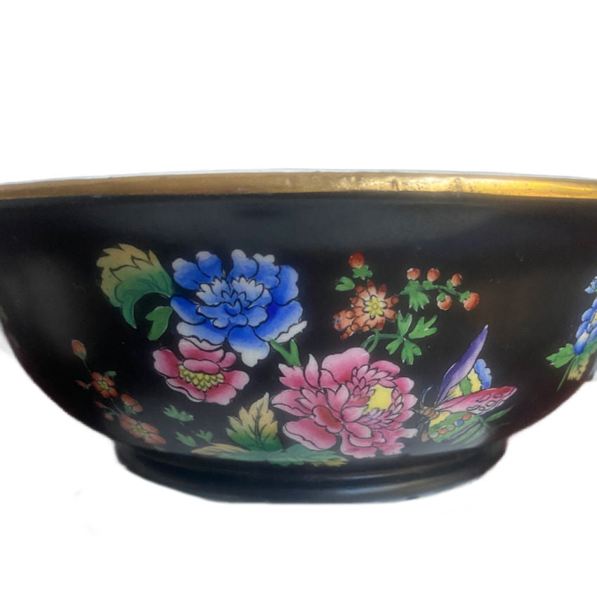 Antique Black Hand Painted Chinoiserie Bowl with Drainer Late Spode