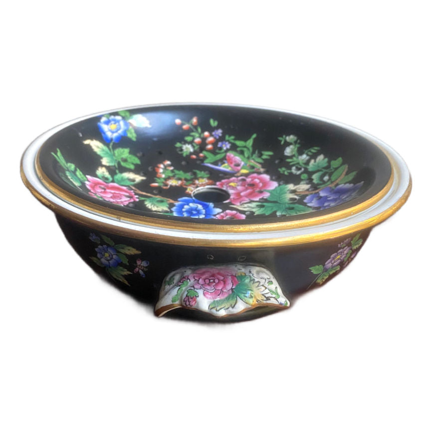 Antique Black Hand Painted Chinoiserie Bowl with Drainer Late Spode