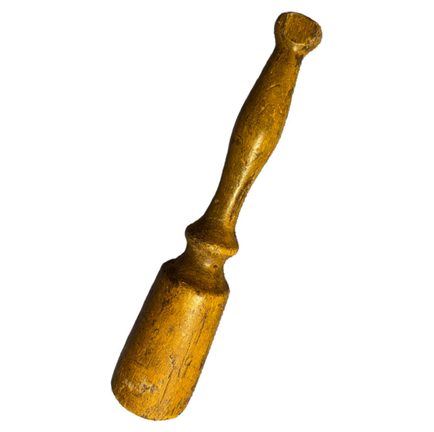 Primitive kitchen tool, Antique wood masher, 19th century utensil, Original mustard paint, Early farmhouse, French Country kitchen, Rustic décor, Hand-turned wood, Primitive antique, Country cooking, Antique kitchenware, Early American primitive, Collectible utensil, Old paint patina, Farmhouse style