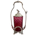 Antique James W. Tufts cranberry glass pickle castor with Victorian silver plate frame and cushion design glass insert