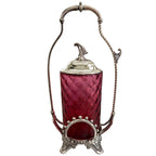 Antique James W. Tufts cranberry glass pickle castor with Victorian silver plate frame and cushion design glass insert