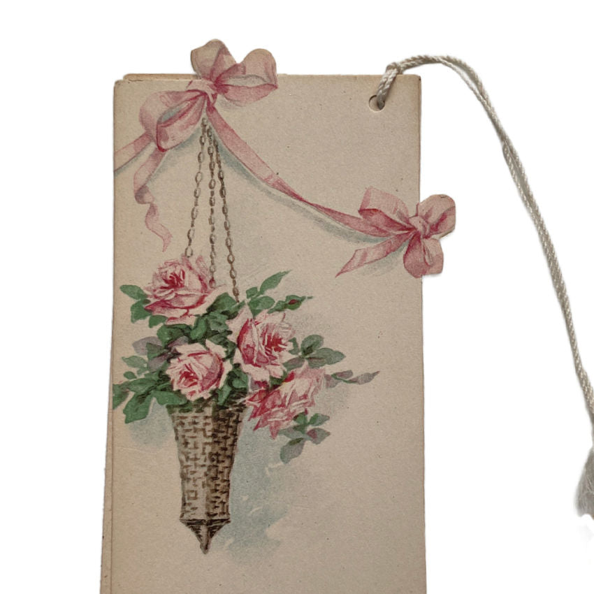 Vintage Pink Roses Basket and Ribbons Bridge Tally