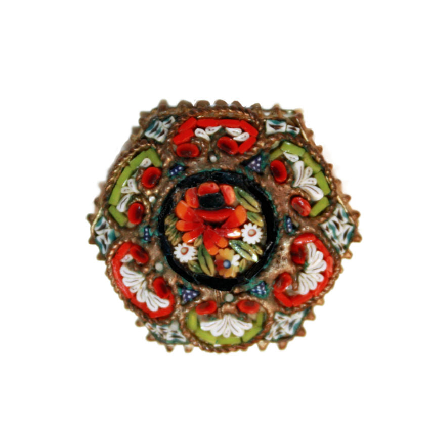 Antique Italian Micro Mosaic Floral Square Brooch Red Rose