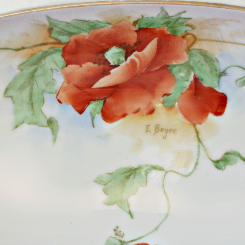 Antique Hand Painted Art Nouveau Celery Dish Poppies