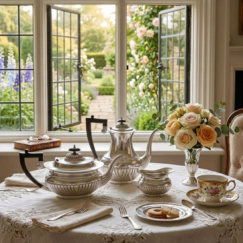 Vintage English tea set styled on lace table with roses