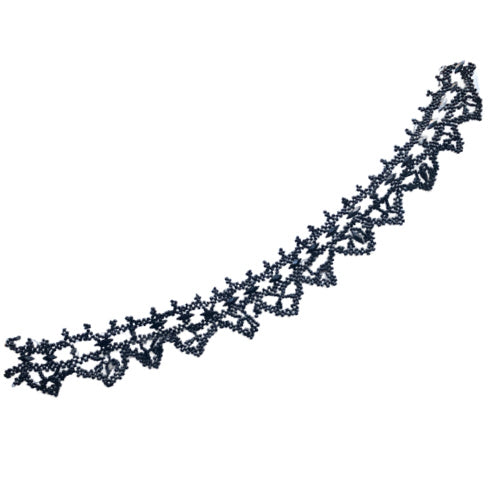 Antique French black glass beaded trim on wire, intricate jet-style lattice passementerie from the 19th century, ideal for couture, display, or textile art collections.