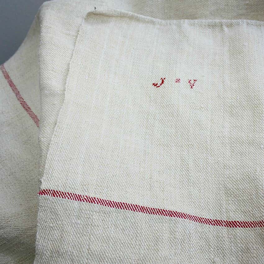 19th Century French hand woven linen and hemp tablecloth with madder red stripes