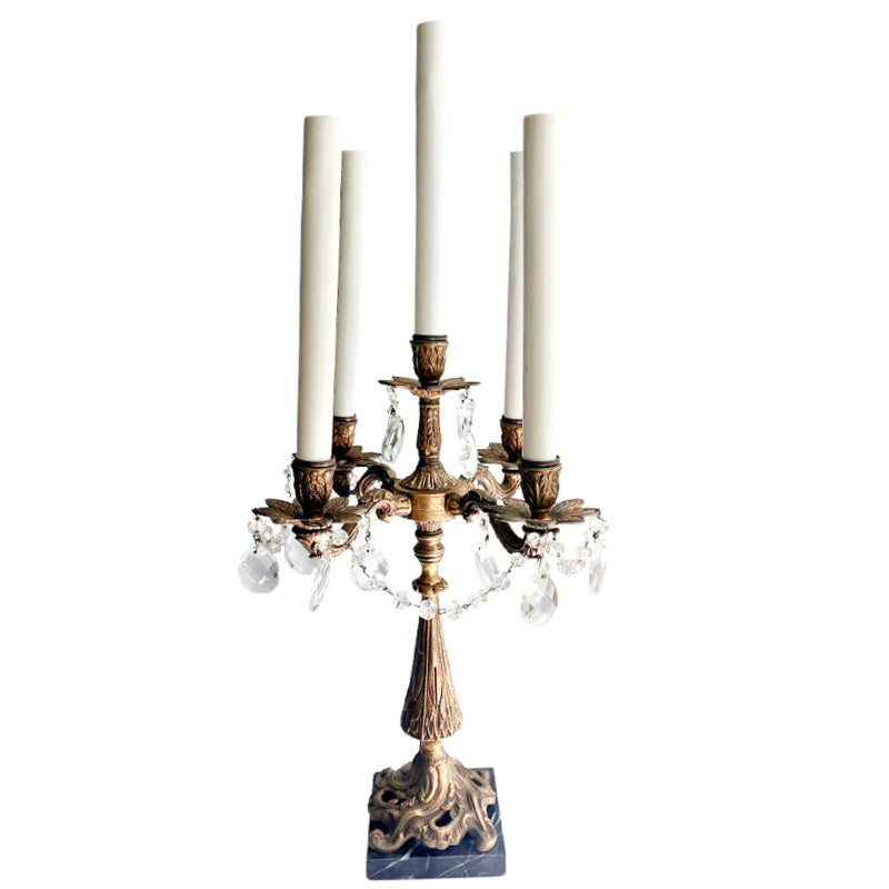 Antique French Rococo Style Five-Light Candelabra Lamp with Marble Base