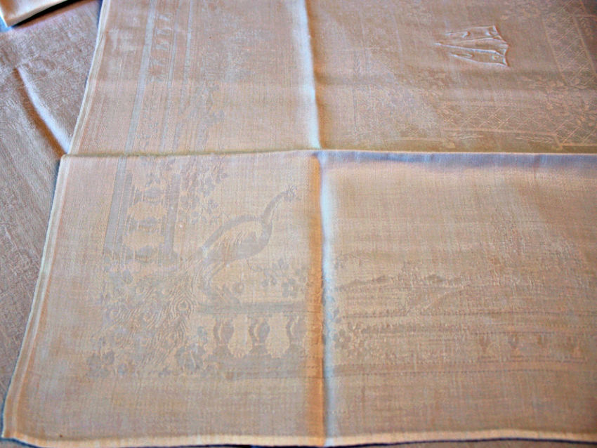 Art Deco Damask Tablecloth with Monograms & 12 Napkins